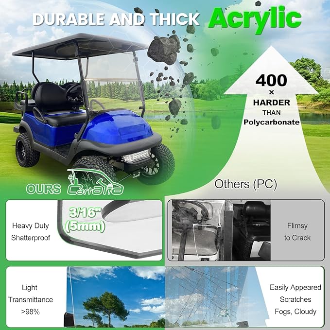 Golf Cart Foldable Windshield 3/16" (5MM) Thicken Only Fits Club Car Precedent 2004+, Tempo 2017+, Onward 2017+, 1"×1" Struts Rail Front Folding Acrylic Windshield Replacement - Clear