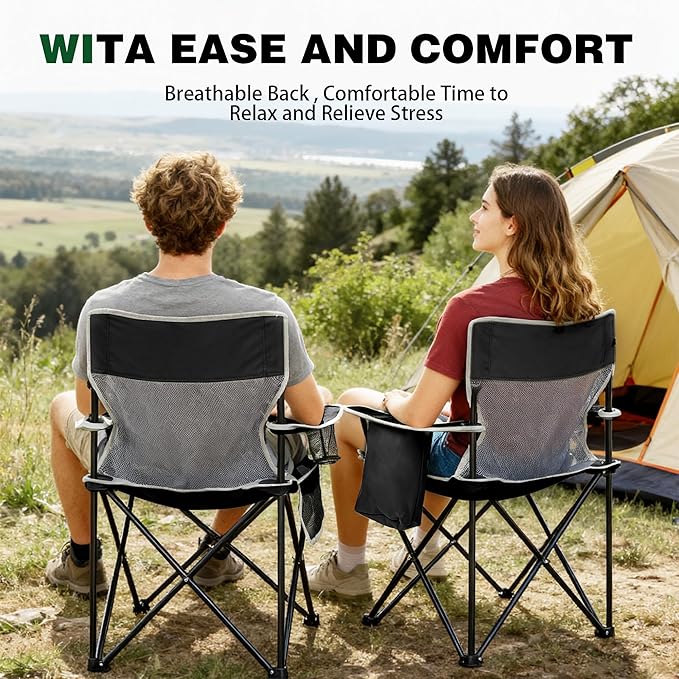 Portable Outdoor Folding Chair with Cup Holder & Cooler Bag - Breathable Mesh, Wide Armrests, Ergonomic Design for Camping, Beach, Backyard - Includes Storage Bag & Bottle Opener (Black/Green/Red)