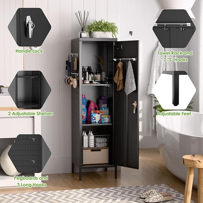 Aobabo Metal Locker, 54" H Metal Storage Locker for Employees, Lockable 1 Door with Towel Rack and 2 Side Pegboards with Hooks for School Office Gym Home, Assembly Required (Black)