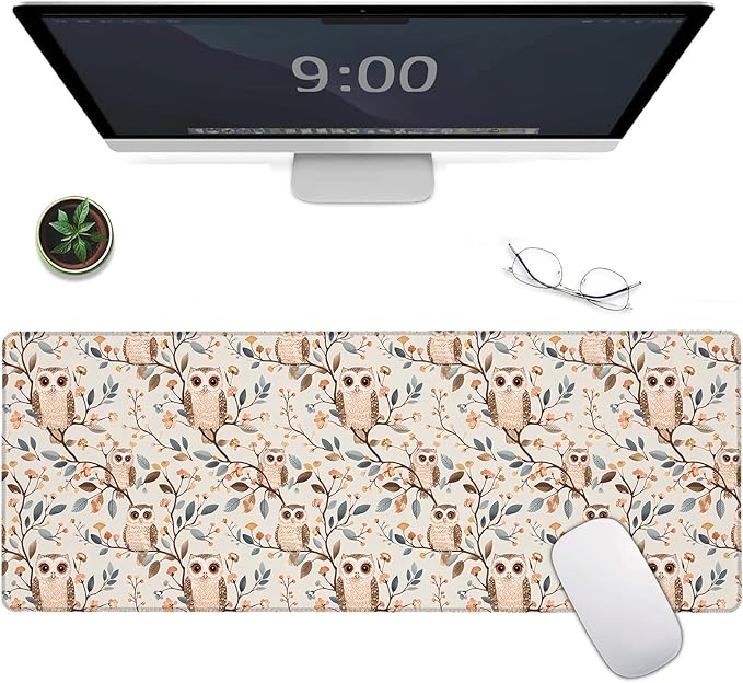 Cute Owl Large Gaming Mouse Pad,Adorable Cartoon Bird Desk Mat,31.5x11.8x0.12in Extended Non-Slip Rubber Animal Mousepad,Computer Deskmat Gifts,Laptop Mice Pads Decor for Home Office