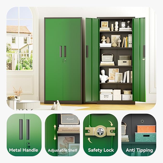 Greenvelly 63" H Metal Storage Cabinet Black Green, Locking Metal Cabinet, Store Tools, Clothes, Tableware and Toiletries, Garage Cabinets with Adjustable Shelves for Office, Home, Garage, Pantry
