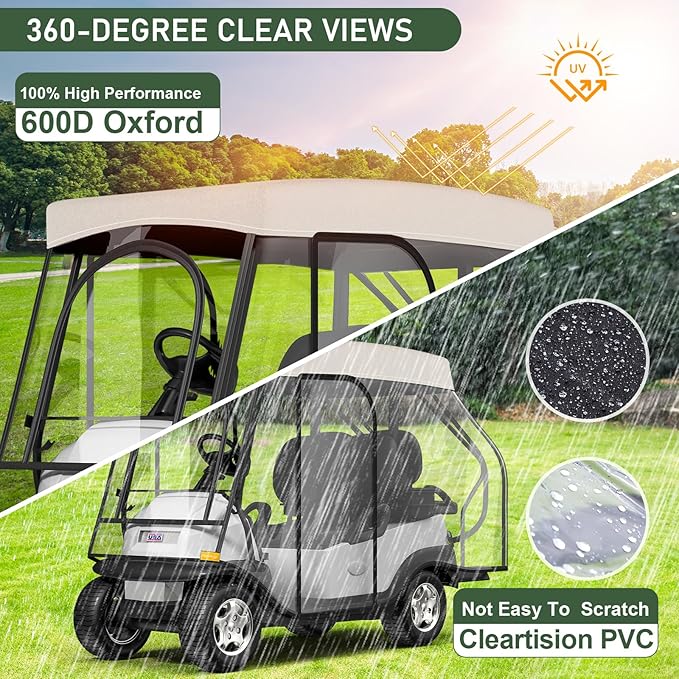 Rosefray Golf Cart Enclosure - 2+2 Drivable Rain Cover for Short Roof 58" EZGO, Club Car - Durable Door Zipper, 4-Sided Clear Windows (4 Seater)