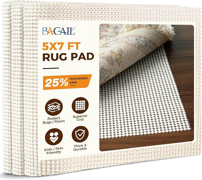 BAGAIL BASICS 5 x 7 FT Rug Pad Gripper for Hardwood Floors, Non Slip Rug Pads for Area Rugs, Extra Thick Under Rug Padding, Protect Your Rugs & Floors