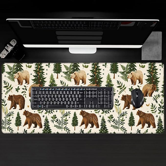 Bear Large Gaming Desk Mat,Rubber Non-Slip Cute Woodland Pine Tree Mouse Pad,31.5x11.8x0.12in Extended Retro Mousepad,Game Lover Mice Pads Gifts,Office Home Deskmat Decor