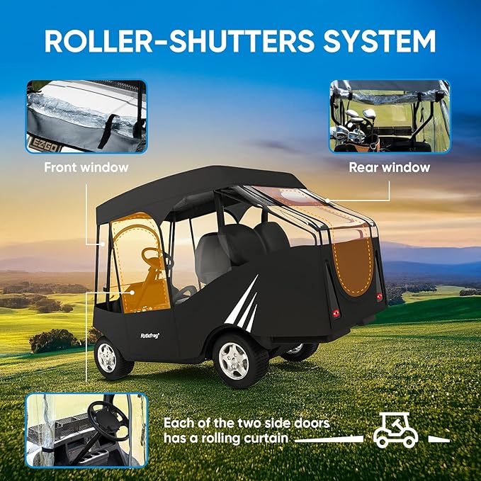 Rosefray Golf Cart Enclosure, 2+2 Drivable Rain Cover, Short Roof 58" - EZGO, Club Car - Durable Door Zipper - 4 Seater Golf Cart Cover Glowing at Night