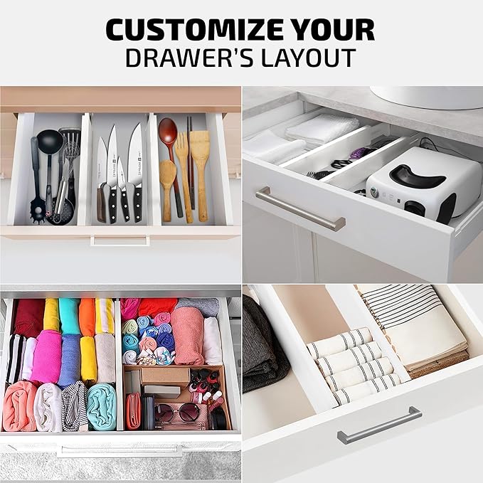 Bambüsi 4 Pack Drawer Dividers - 2.6" High, 16-22" Adjustable Bamboo Drawer Organizers for Clothes, Expandable Dresser Separators in Bedroom/Bathroom/Kitchen/Office Organization and Storage (White)