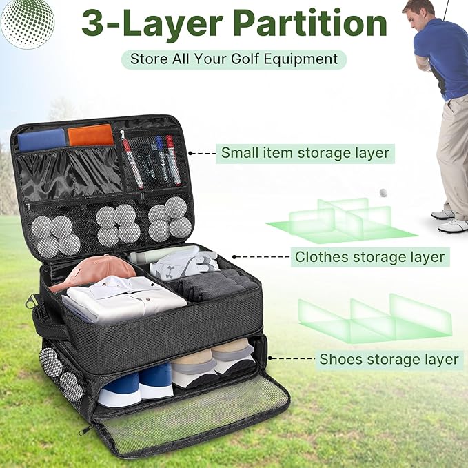 LIWSHWZ 3 Layer Golf Trunk Organizer,Golf Gifts for Men with Separate Mesh Bag for Golf Balls,Large Capacity-40 Golf Balls,2 Pairs of Golf Shoes, Gloves, Clothes, Golf Gift for Men Women