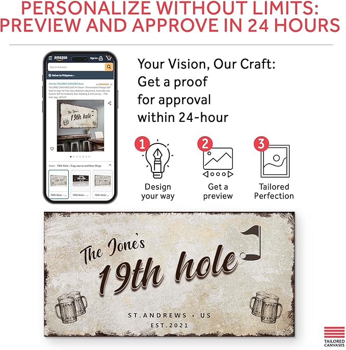 TAILORED CANVASES Golf Art Decor - Personalized Vintage Golf Wall Art Sign for Man Cave, Bedroom, Basement, Home Bar and Custom Gift for Husband, Dad, Wedding & Anniversary - 19th Hole Sign, 48"x24"