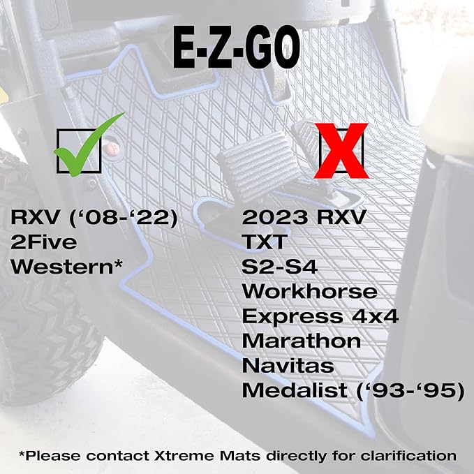 Xtreme Mats EZGO RXV Golf Cart Mat, Full Coverage Golf Cart Floor Liner Mat - Only Fits EZGO RXV (2008-2022) & 2Five (2009+) - Black with Blue Trim