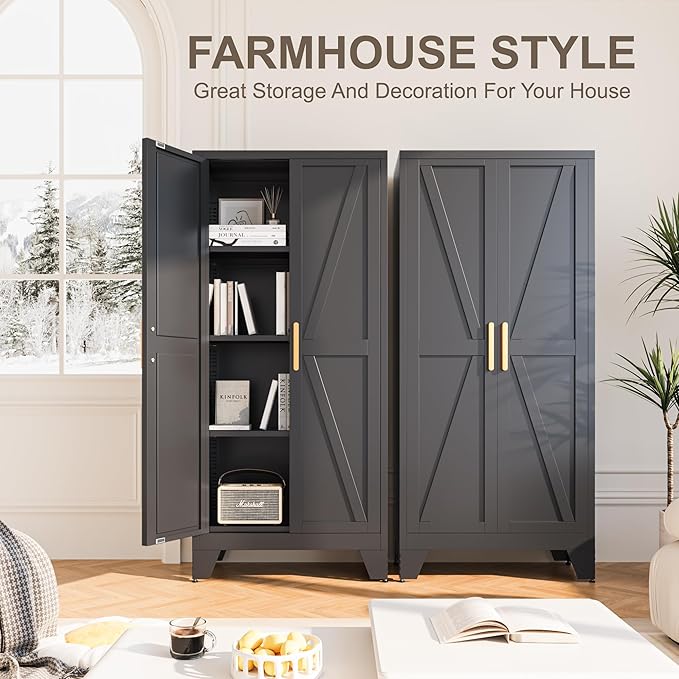 61H Metal Storage Cabinet with 2 Doors and Adjustable Shelves,Farmhouse Storage Cabinet with Barn Doors,Pantry Storage for Home,Office,Bathroom,Dining Room,Kitchen(Black)