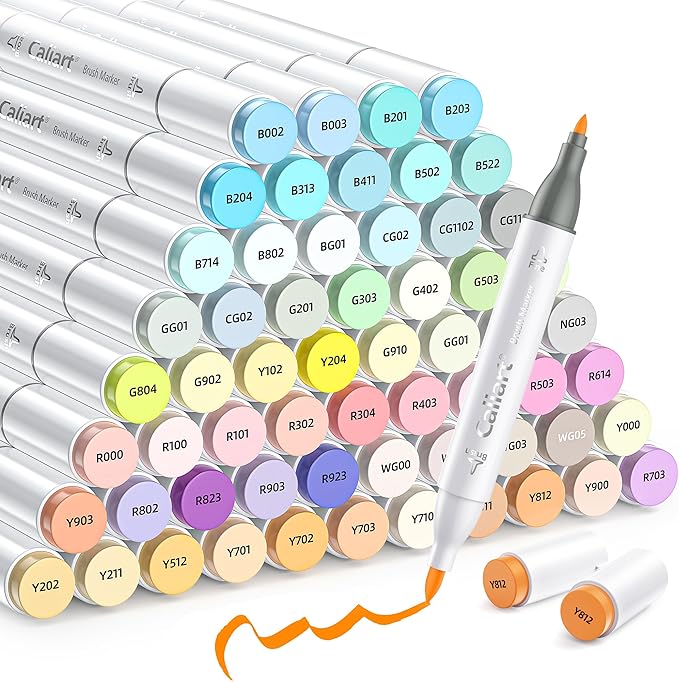 Caliart 61 Colors Pastel Alcohol Brush Markers, Drawing Markers Set Dual Tip Brush & Fine Permanent Alcohol Based Colored Art Pens, with Case for Artists Adults Coloring Book