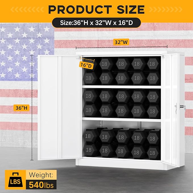 Greenvelly Metal Storage Cabinet - 36" H, Lockable Steel File Cabinet with Adjustable Shelves - Ideal for Home Office, Garage & School (32" W x 16" D White)