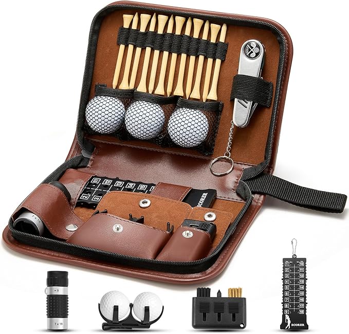 Golf Accessories for Men and Women for Golfers, Accessories Set in Hi-End PU Case with Golf Balls, HD Rangefinder, Golf Tees, Cleaning Brush, Divot Knife, Scorer, Golf Ball Clamp