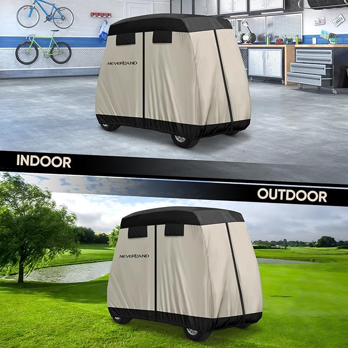 NEVERLAND Golf Cart Cover 2 Passenger - Outdoor Waterprood Golf Cart Covers, 420D Club Car Golf Cart Covers With Air Vent&Zipper Compatible with EZGO Yamaha Club Car 2 Seat (Up to 95 Inch)Black+Brown
