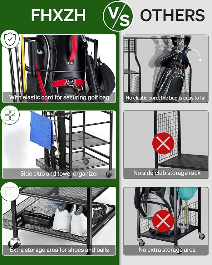 Golf Bags Storage Garage Organizer - Golf Bag Stand Fit Single Golf Bags, Golf Clubs, and Golf Equipment Accessories, Golf Bag Storage Rack with Wheels for Garage, Club, Shed, Basement