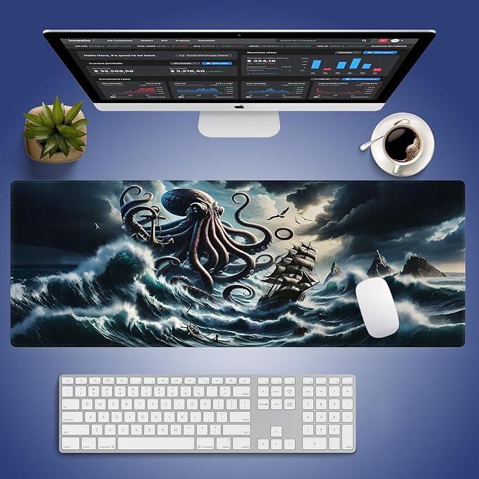 Wknoon. Extra Large Gaming Mouse Pad (31.5" x 11.8") with Durable Stitched Edges – Giant Kraken Octopus Monster Huge Ocean Waves & Sail Boat, Fantasy Sea World At Storm Nautical Adventure XXL Desk Mat
