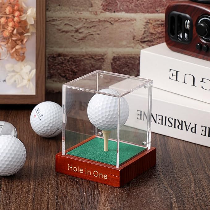 Wenqik Hole in One Golf Ball Display Case with Wood Base and Tee Golf Display Case Clea Ball Holder Stand Acrylic Transparent Storage Box for Single Dust UV Protection