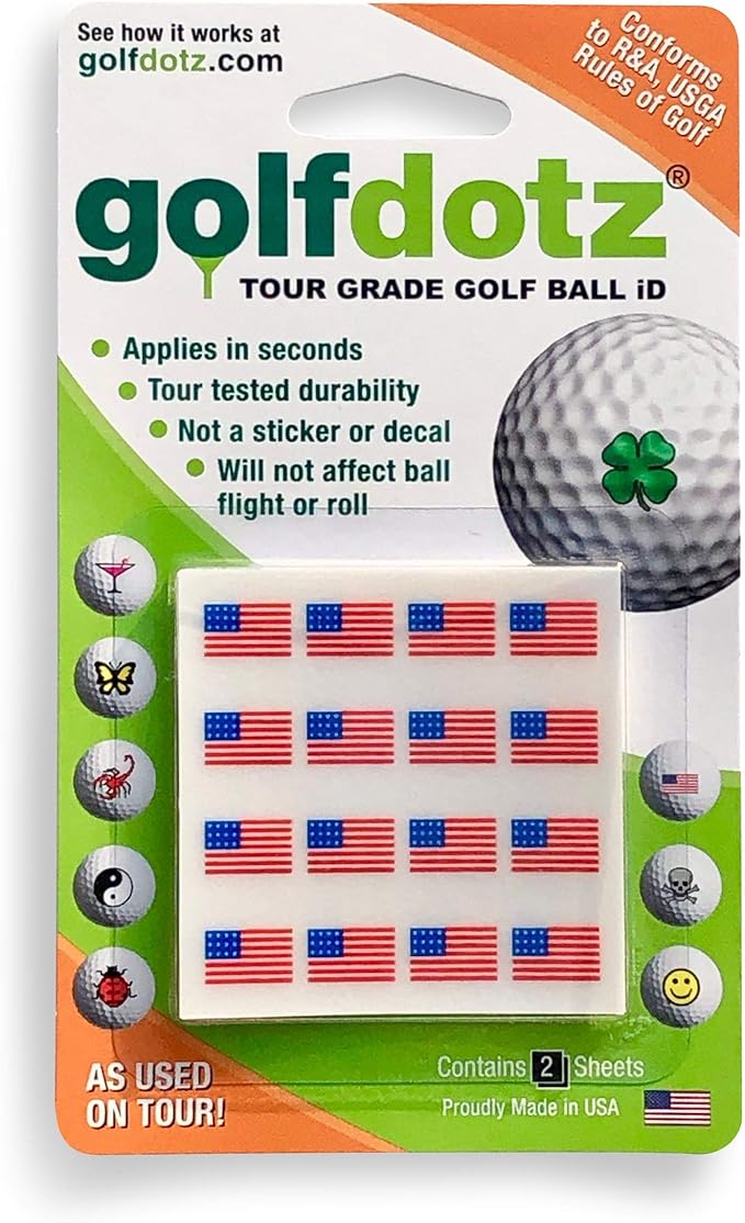 Golfdotz - USGA Rule Conforming Novelty Golf Ball Markers, Golf Ball Stickers for Marking Balls, No More Smearing from Stamps, Gifts for Golfers, Dads, and Retirees, (USA Collection; 32-Count)