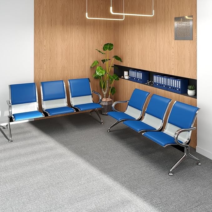 Kinfant 6-Seat Waiting Room Chairs with Arms – Heavy-Duty Steel Frame PU Leather Back & Cushioned Seat, Ergonomic Office Reception Guest Chair for Lobby, Clinic, Airport, Blue