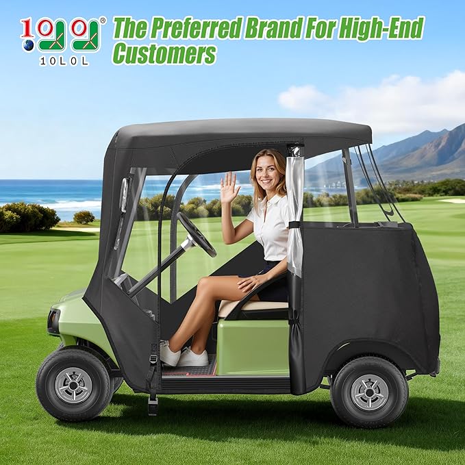 10L0L Golf Cart Driving Enclosure for 2 Passenger Club Car DS & Precedent, Waterproof Windproof Oxford Cloth 4-Sided Full Protection Club Car Rain Cover Weather Enclosure (Black/Transparent)
