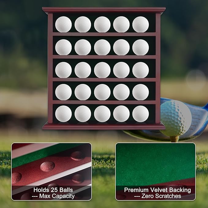 25 Golf Ball Display Case Wall Mounted -Mahogany Golf Ball Holder with Green Velvet Backing, Anti-Fall Slots, No Assembly Needed for Golf Souvenirs & Collectibles