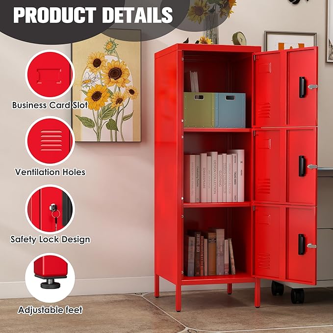 Aobabo 16" W 3 Door Metal Storage Locker with Lock, 47" H Steel Locker with Name Card Holder and Metal Leg for School, Home, Office, Playroom, Assembly Required, Red