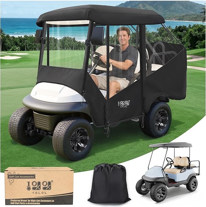10L0L Golf Cart Enclosure 4 Passenger for EZGO TXT & Club Car Precedent DS Tempo Onward, 57" Short Roof Waterproof Windproof Rain Cover with Heavy-Duty 600D Fabric & Clear Windows Roll-up Door