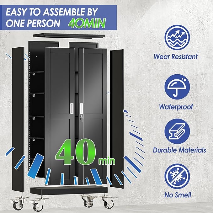 75" Tall Metal Garage Storage Cabinet with Wheels and Locking Doors and Tall Rolling Steel Tool Cabinet with 5 Adjustable Shelves for Garage,Home,Office,Shop (Black)