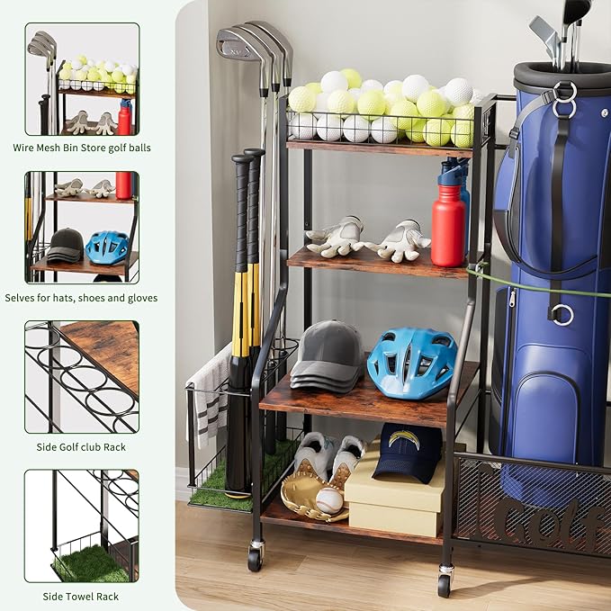 Golf Bag Organizer for 2 Bags, Large Golf Rack with Golf Bag Storage, Golf Bag Stand with Golf Club Rack, Extra Sports Equipment Rack for Garage & Golf Clubs with Wheels