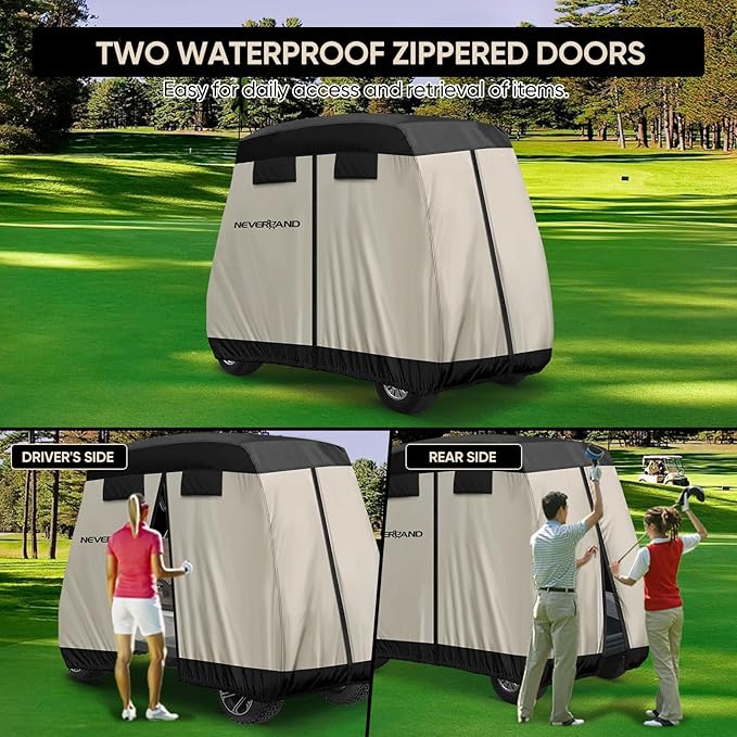 NEVERLAND Golf Cart Cover 2 Passenger - Outdoor Waterprood Golf Cart Covers, 420D Club Car Golf Cart Covers With Air Vent&Zipper Compatible with EZGO Yamaha Club Car 2 Seat (Up to 95 Inch)Black+Brown