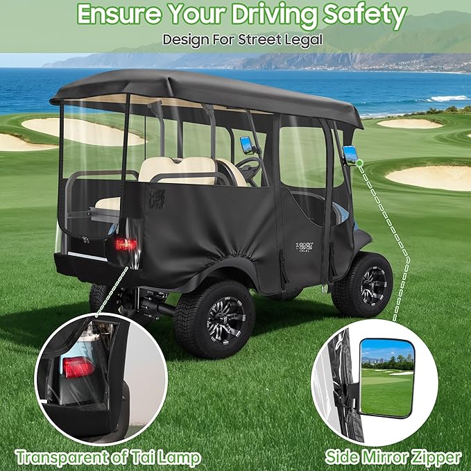10L0L 4 Passenger Golf Cart Enclosure for Club Car Precedent/Onward/Tempo -94.5'' Extended Roof with Security Side Mirror Openings,600D Waterproof Portable Golf Cart Rain Cover Driving Enclosure