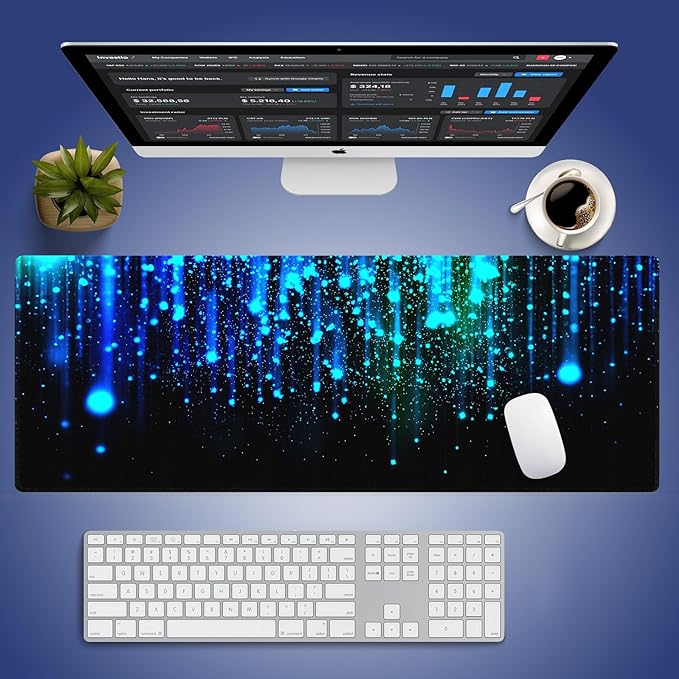 Wknoon. Extra Large Gaming Mouse Pad (31.5" x 11.8") with Durable Stitched Edges – Ethereal Blue Sparkling Light Rain, Anti-Slip Rubber Base & Smooth Fabric Surface Extended XXL Desk Mat
