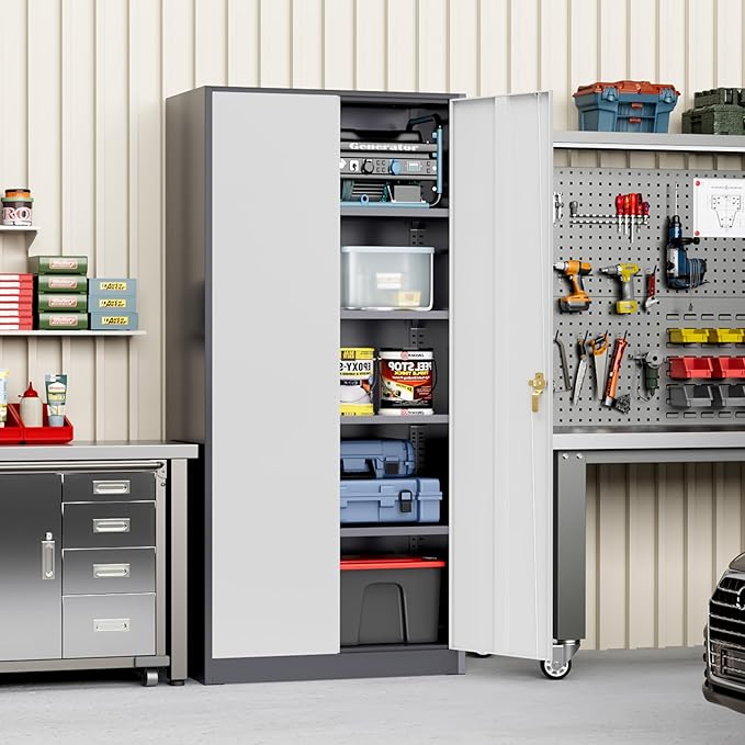 Greenvelly Metal Storage Cabinet with Doors and Shelves, 72'-Inch Locking Metal Cabinet for Garage, Office, School, Warehouse (White Gray)