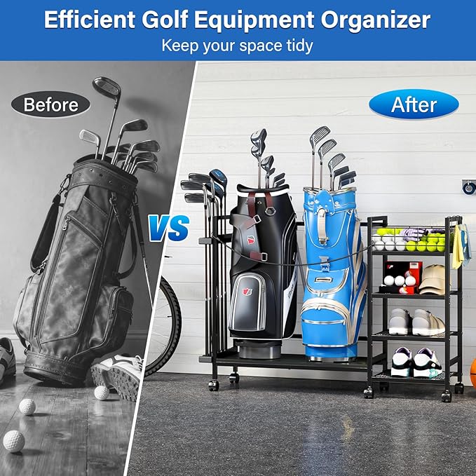 TC-HOMENY Golf Bag Storage Organizer for Garage, Golf Bag Stand with Wheels, Golf Bag Organizer for 2 Golf Bags, Golf Bag Accessories Storage Rack, Extra Golf Clubs Equipment Stand, Golf Bag Holder