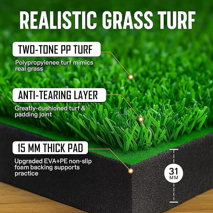 31mm Premium Golf Mat – 5x4ft Golf Hitting Mat with Ball Tray, 5 Balls & 9 Tees – Elite Artificial Turf for Chipping, Swing, Driving – Golf Mats Practice Outdoor/Indoor Training