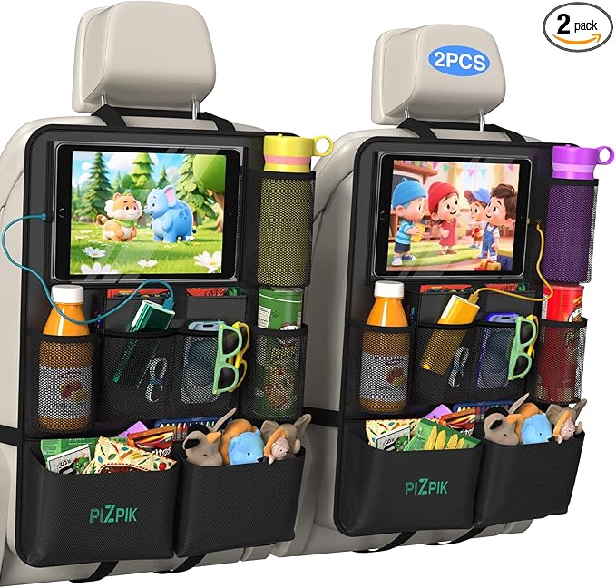Car Backseat Organizer with Tablet Holder,11 Storage Pockets with Foldable Food Tray, Protector Kick Mats for Kids, Travel Accessories Organizer (Black, 2-Pack)