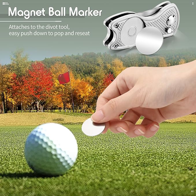 Skylety 4 Pcs Golf Divot Repair Tool Metal Foldable Golf Divot Tool with Magnetic Pop-up Button Ball Marker Stainless Steel Switchblade for Golfers Prizes