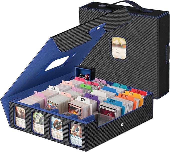 3200+ Trading Card Storage Box with Commander Display, 4-Row TCG Card Box with Portable Handle, Compatible for TCG/MTG/Magic Cards, 30 Colorful Divider, 8 Supporters, US Design Patent (Black&Blue)