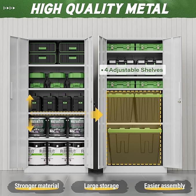 Greenvelly Metal Storage Cabinet with 2 Doors and 4 Adjustable Shelves,72" White Metal Cabinet,Steel Cabinet Locking Cabinets with 2 Keys for Office,Home, Garage, Gym, School