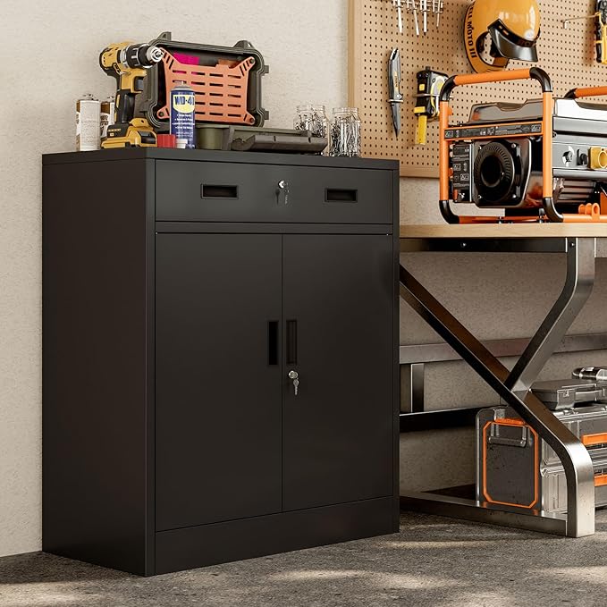 BESFUR Metal Storage Cabinet with Lockable Drawer and 2 Lockable Doors, 36"H Black Metal Cabinet with Adjustable Shelf, Locking Storage Cabinet for Home Office, Garage,School, Warehouse, Utility Room