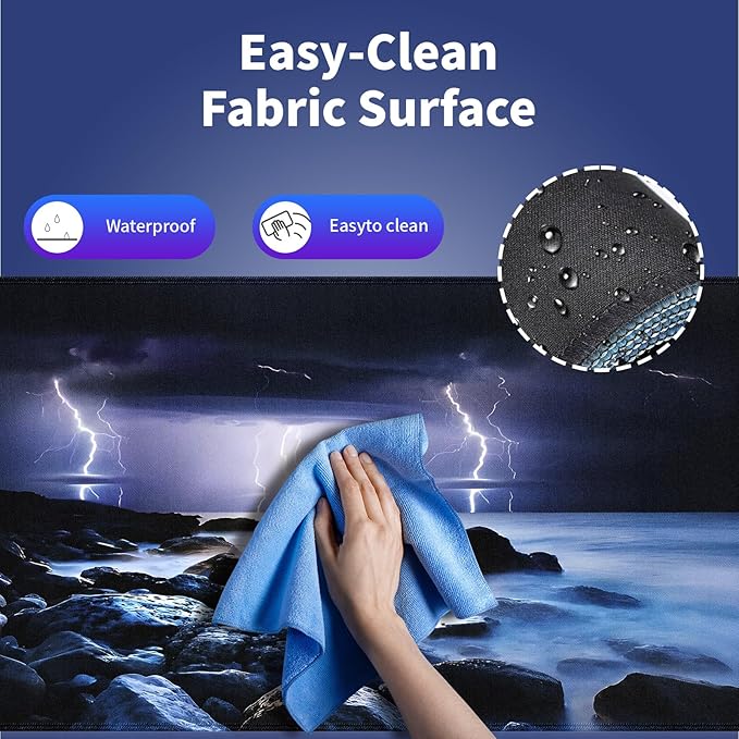 Wknoon. Extra Large Gaming & Office Mouse Pad (31.5" x 11.8") – Nature Lightning Summer Storm Bolts Over Rocks in Ocean Nightmare Theme Weather, Anti-Slip XXL Desk Mat with Durable Stitched Edges