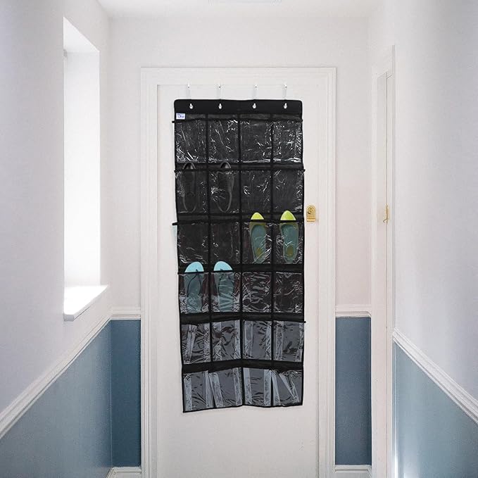 24-Pocket Shoe Hanging Organizer Bag, Black Non-Woven Fabric Door Hanging Storage Bag with Mesh Pockets, Multipurpose Closet Organizer for Bedroom and Home Use