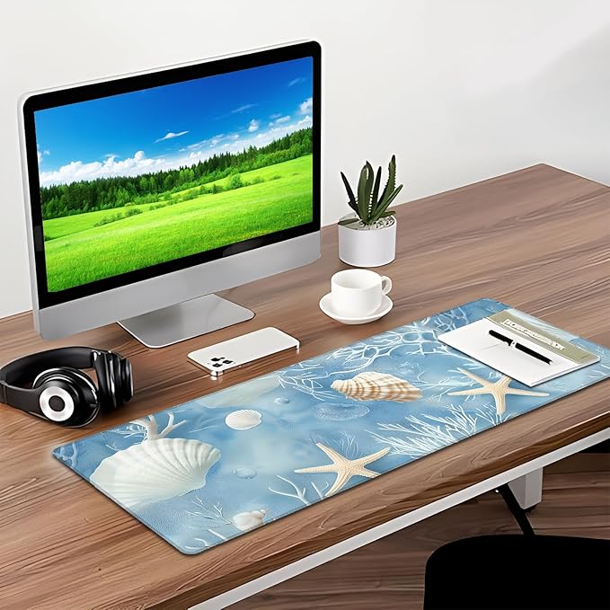 Starfish Coral Ocean Gaming Mouse Pad, Desk Mat, Non-Slip Rubber Base Cool Aesthetic MousePads for Computer Laptop Keyboard Office School Home Desktop Accessories Decor 31.5" x 11.8"