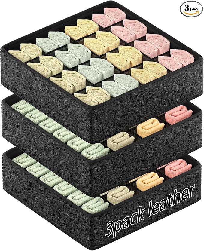 Fashion Leather Sock Underwear Drawer Organizer clothes, Closet Dividers，64 Cell (16+24+24) Foldable Leather Storage Box for Panties, Ties, Accessories（3 Pack）