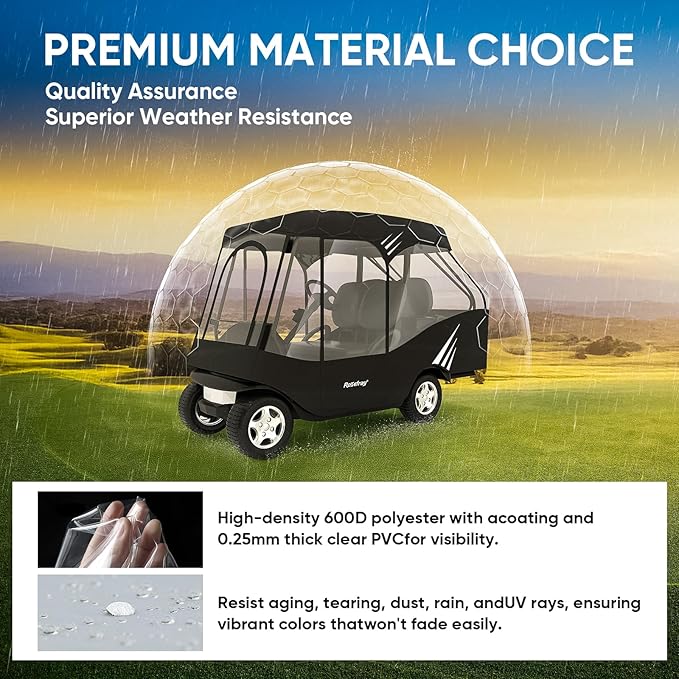 Rosefray Golf Cart Enclosure, 2+2 Drivable Rain Cover, Short Roof 58" - EZGO, Club Car - Durable Door Zipper - 4 Seater Golf Cart Cover Glowing at Night
