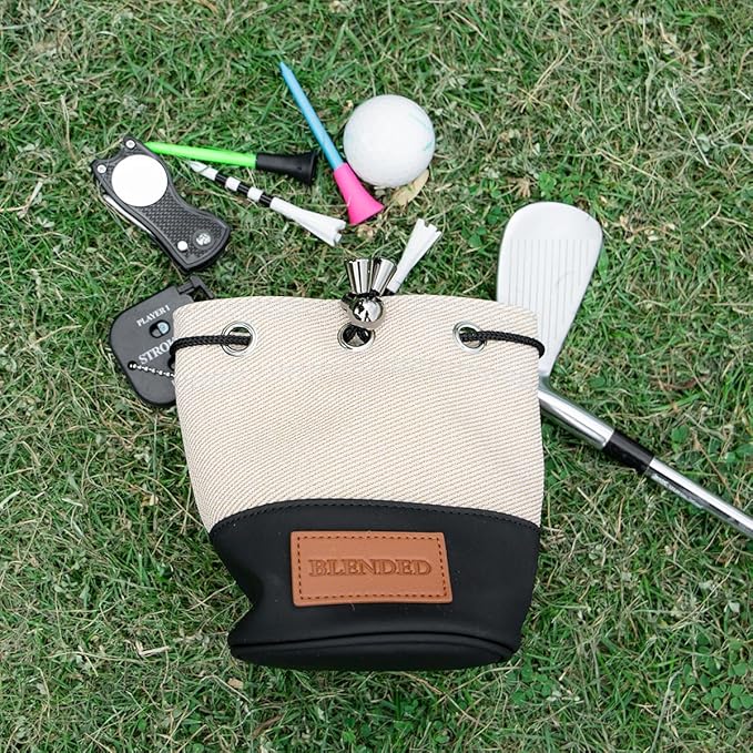 Golf Valuables Pouch,Bucket Waist Design Golf Pouch Bag with Drawstrings Golf Tee Bag Pouch Leather for Men Women (Khaki+Black)