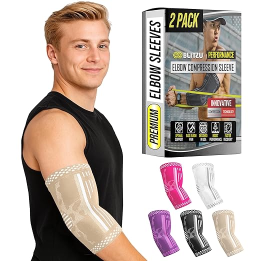 BLITZU Elbow Compression Sleeve for Tendonitis 2 Pack, Tennis Elbow Brace Support for Men and Women Golfers Elbow Pain Relief, Arthritis, Bursitis, Arm Brace for Workout, Weightlifting Nude S