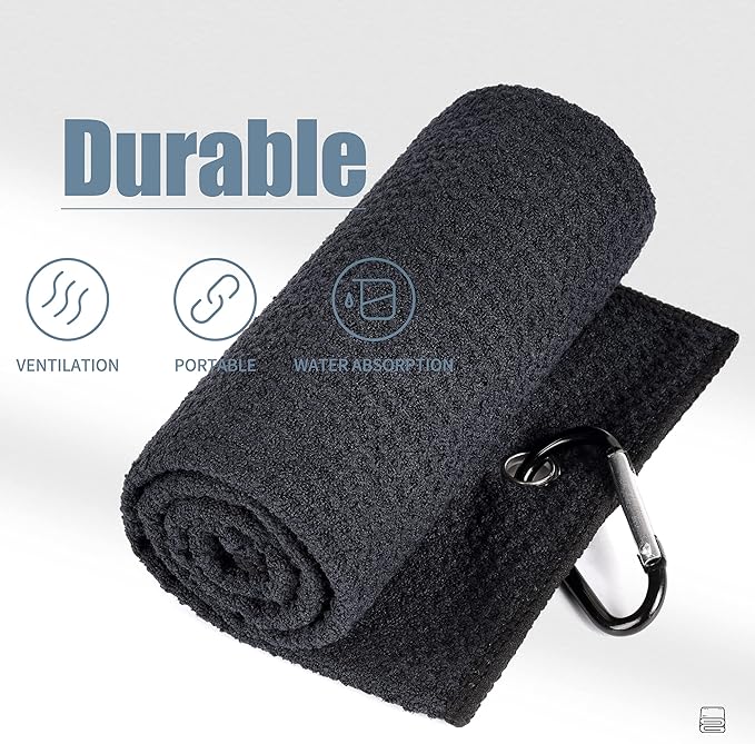 Mile High Life Tri-fold Golf Towel | 16" X 24" | Premium Microfiber Fabric | Waffle Pattern | with Heavy Duty Carabiner Clip | for Men and Women (2 Pack Black)