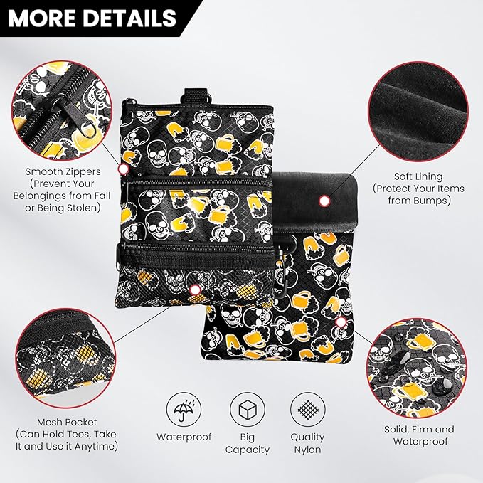 Golf Bag Accessories Valuables Pouch Bags Multi Pocket Zipper Hook with 10 Pcs Wood Golf Tees for Men Women