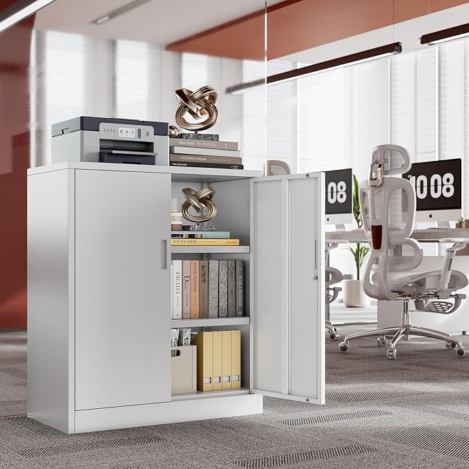 CJF Metal Storage Cabinet, 36" H Locking Storage Cabinet with Shelves and Doors for Home Office, Garage, Utility Room, Entryway(White)